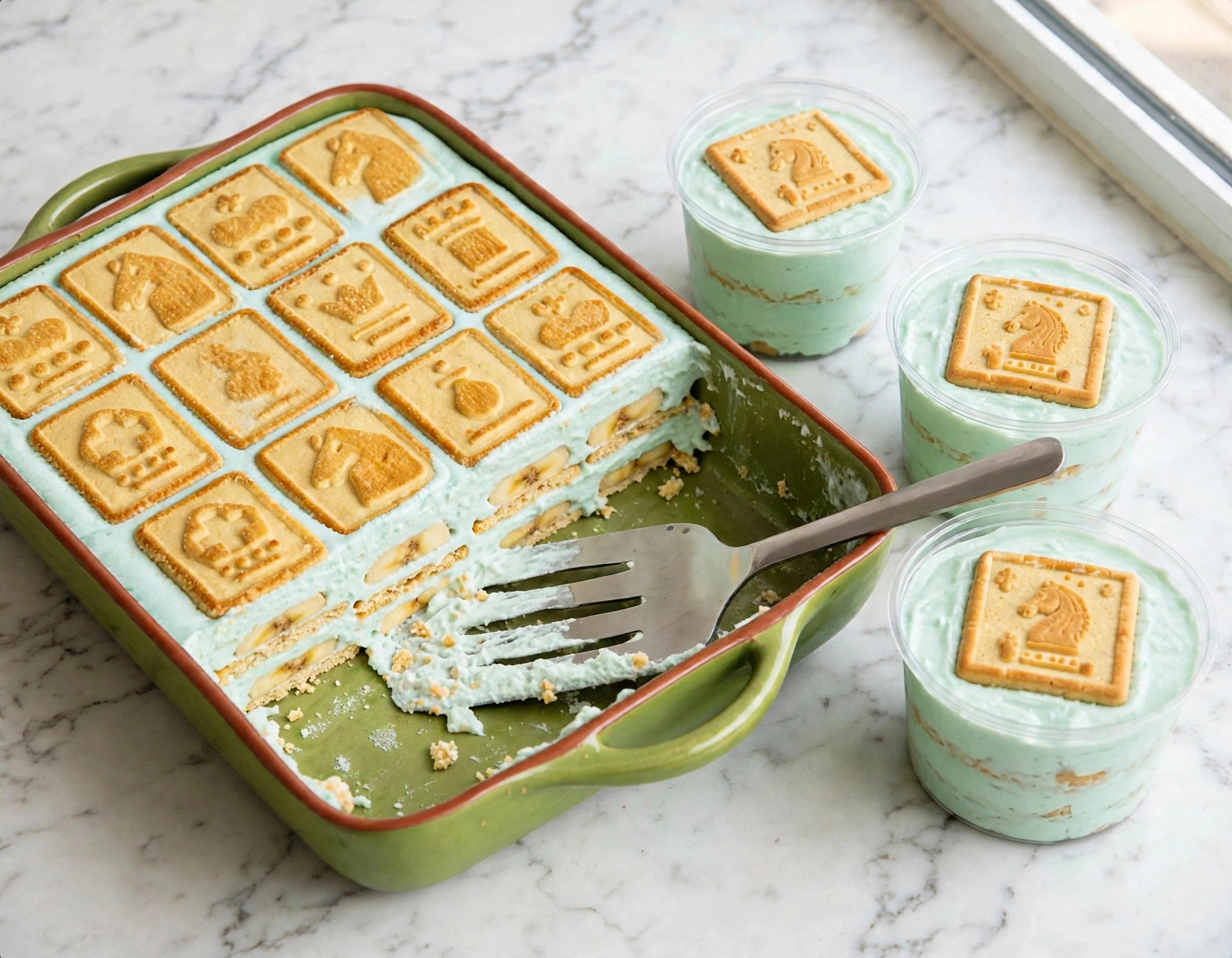 Tiffany's signature banana pudding — the baking dish with Chessmen cookies, a serving spatula, and three filled cups