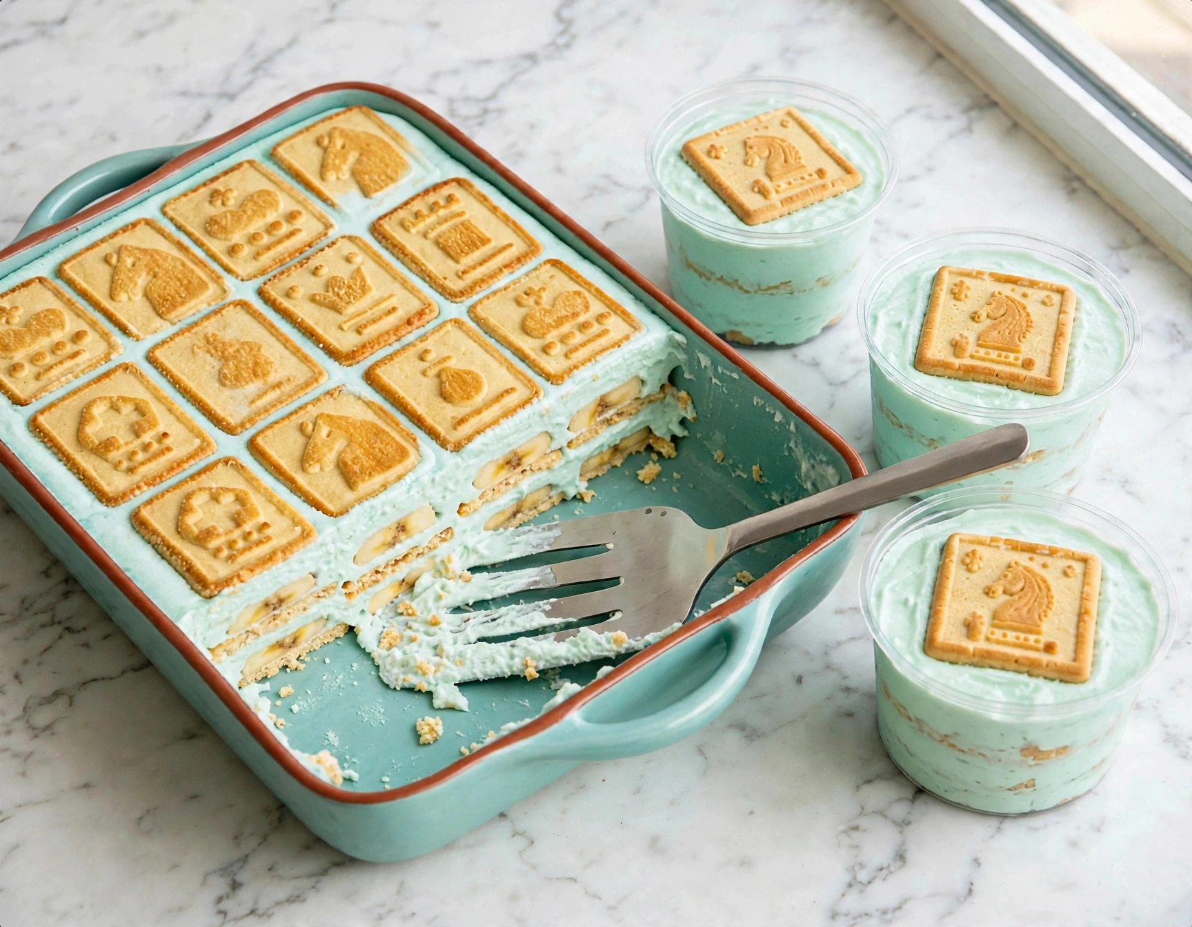 Tiffany's signature banana pudding — the baking dish with Chessmen cookies, a serving spatula, and three filled cups