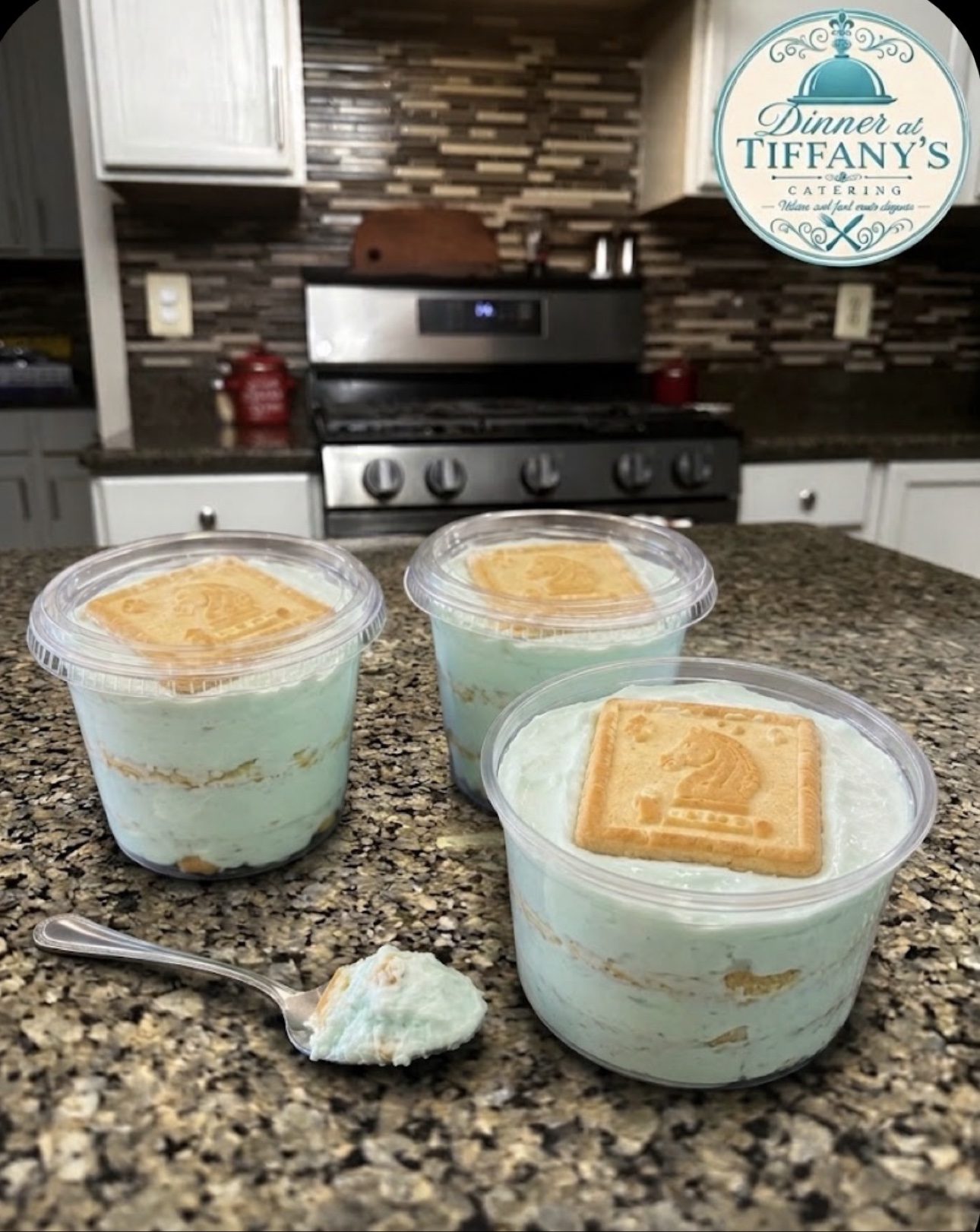 Banana pudding cups topped with Chessmen cookies