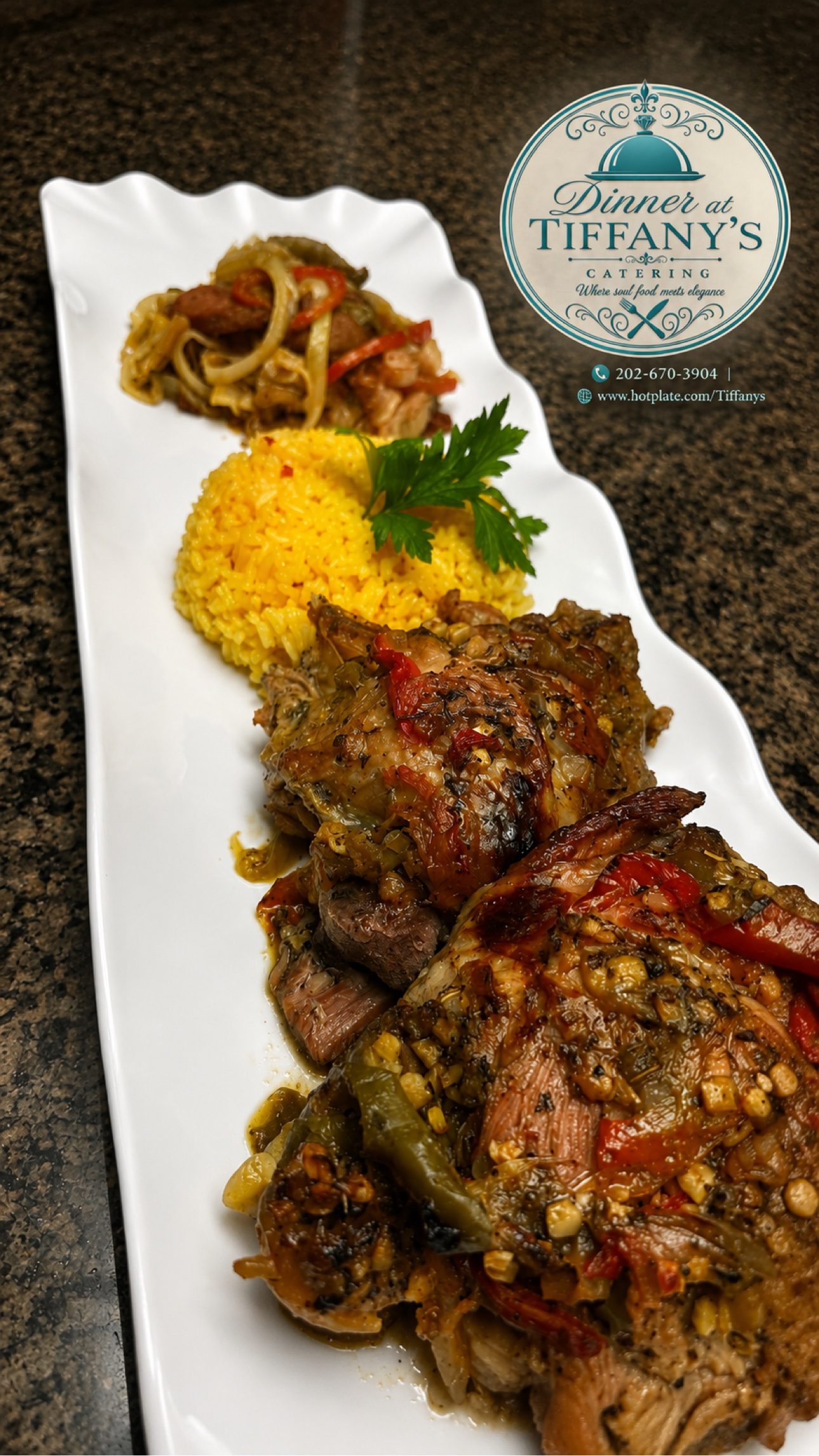 Smothered chicken with savory yellow rice and cabbage